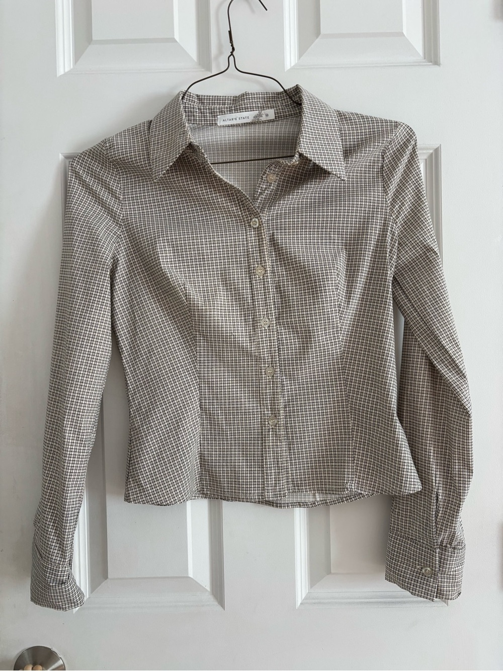 Altar'd State Tan and White Micro-Check Button-Down Shirt